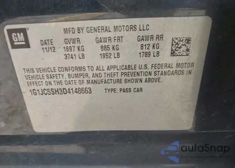 2013 Chevrolet Sonic Lt Auto z USA, uszkodzony, nr VIN 1G1JC5SH3D4148663